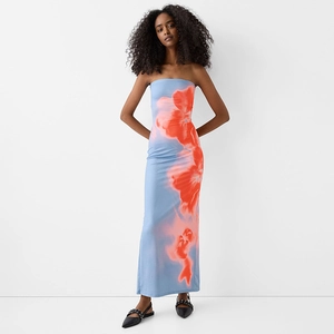 Sexy Maxikleid Mit Blumendruck Trägerloses Kleid Polyester Elasthan Rückenfrei Slim Fit Seitenschlitz Sommer Strand Damen