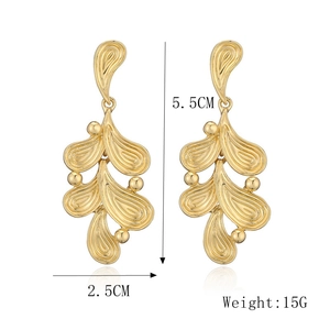 Detailed view of 18K gold plated leaf earrings with size 5.5cm by 2.5cm and 15g weight