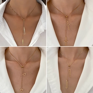 Minimalist 304 Stainless Steel Y Lariat Necklace With Adjustable Sliding Bead And Hollow Geometric Pendants For Women