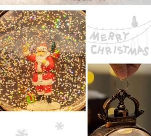 Close-up of internal Santa Claus figure with floating colorful sequins in snow globe