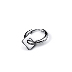 Close-up of polished silver steel hoop earring with a square hollow pendant detail