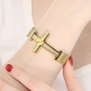 Golden stainless steel cross bracelet with crystal inlay and mesh metal watch strap