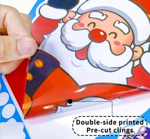 Close-up showing pre-cut double-sided printed Santa Claus static window cling texture