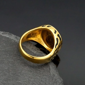 Retro lion head stainless steel ring for men with gold finish and black oil drip patterns