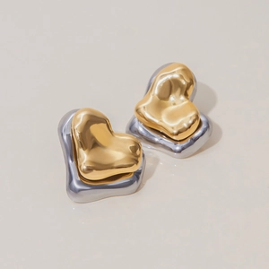 Boucles d'oreilles cœur bicolores en or 18 carats et acier inoxydable argenté poli