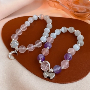 Vintage Cat's Eye Stone Crystal Beaded Bracelet Butterfly Moon Cubic Zirconia Charm French Elegant Elastic Jewelry Women