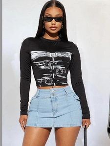 Women's black slim fit long sleeve top with punk print and denim skirt set