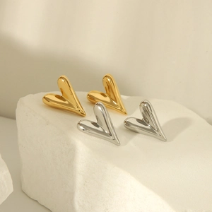 Close-up of gold and silver heart-shaped titanium steel earrings on a decorative stone