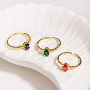 Adjustable Open Ring Copper Gold Silver Plated With Oval Zircon Textured Band Fashion Jewelry For Women