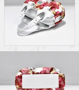 Macro view of floral tote bag showing wide interior and structured white base base