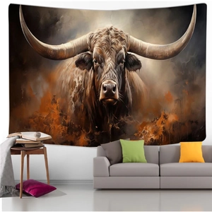 Artistic longhorn bull tapestry hanging above a modern sofa in a cozy living room decor