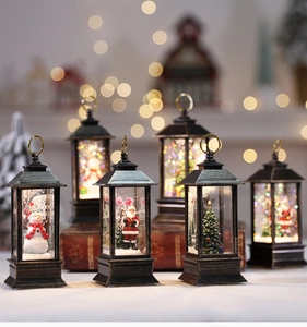 Close-up of retro bronze Christmas lanterns with glitter liquid and festive characters