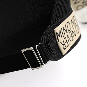 Black straw sun visor hat with adjustable elastic strap and silver metal buckle detail
