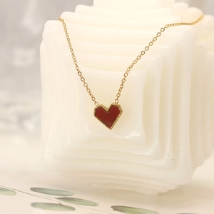 Heart Pendant Necklace Stainless Steel 18K Gold Plated Red Enamel Vintage Milgrain Edge French Style Jewelry For Women
