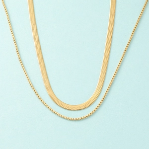Gold-plated layered box and snake chain necklace set in stainless steel for women