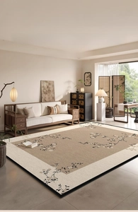 Detail of waterproof Chinese style rug with floral pattern and stain resistant fabric