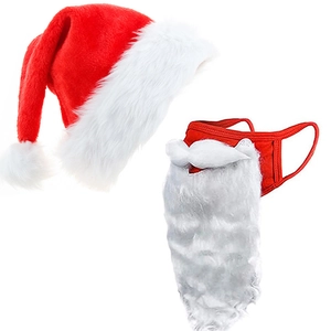 Flat lay of a red plush Santa hat and a creative mask with long white Santa beard