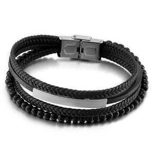 Men's multilayer black braided leather bracelet with stainless steel beads and silver bar