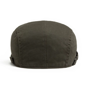 Rear view of a classic olive green cotton flat cap for men with adjustable side straps