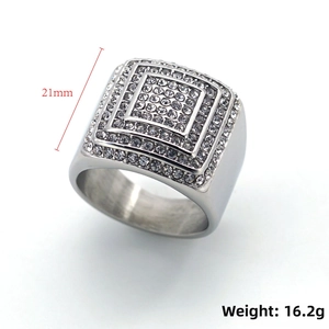 Macro detail of silver iced out square signet ring showing 21mm width and 16.2g weight