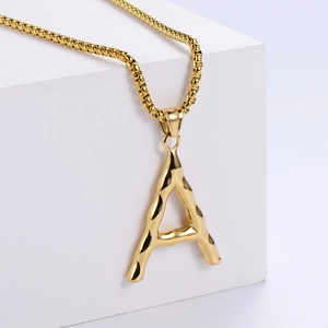 Golden 3D letter A pendant necklace with lava texture and box chain for street fashion