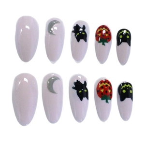 Long almond press-on nails with cute black cat moon and pumpkin Halloween motifs