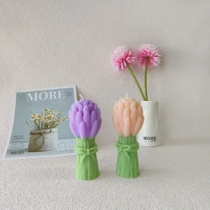 Tulip bouquet scented candle in purple and orange with elegant bow detail for home decor