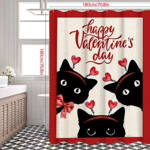 Rideau de douche en polyester avec trois chats noirs et cœurs pour la Saint-Valentin