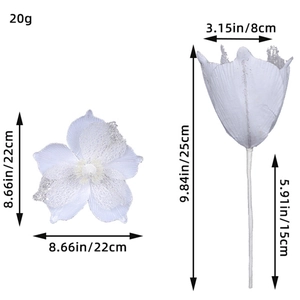 White glitter artificial poinsettia 22cm flower head with stem for Christmas tree decoration