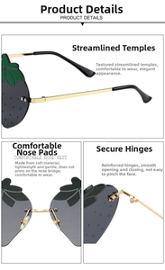 Detail of strawberry shaped sunglasses with reinforced metal hinges and soft nose pads
