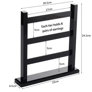 Three-tier black acrylic earring display stand showing 24.5cm height and capacity