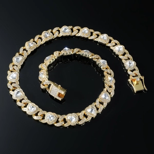 Gold-plated hip hop heart-shaped Cuban link chain necklace with full crystal rhinestones