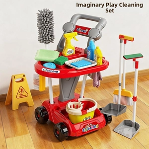 Kids pretend play cleaning set with a red trolley, mop, broom, and various accessories