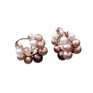 French vintage hoop earrings with tricolor pearls in white, champagne and chocolate