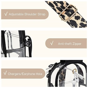 Clear PVC crossbody bag with leopard strap, anti-theft zipper, and earphone hole