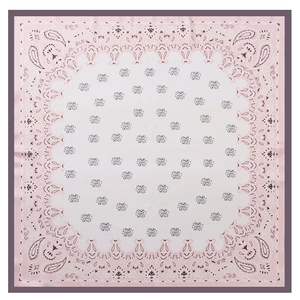Detail view of pink paisley pattern square silk scarf with purple border and white center