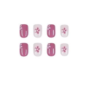 Short square lavender purple floral press-on nails set with glossy finish and flower patterns