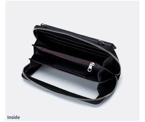 Inside view of black lychee texture crossbody phone wallet with card slots and zipper pocket
