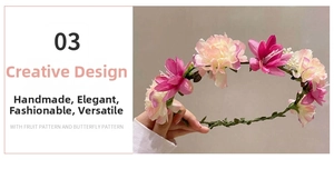 Close-up of handmade floral headpiece with realistic pink and cream cloth flowers