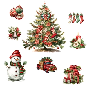 Christmas wall stickers set featuring watercolor snowman and xmas tree decals for home decor