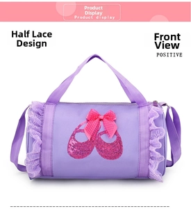 Detail of purple dance bag featuring pink sequin ballet shoes and lace trimmings