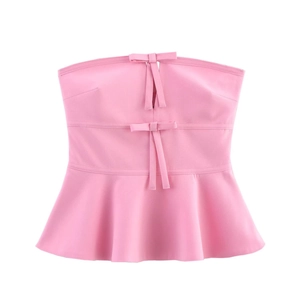 Strapless Tube Top Peplum Hem Bow Detail Polyester Sweet Elegant Party Blouse Women