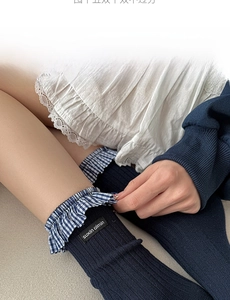Close-up of blue ribbed knit socks featuring delicate ruffled trim and lace detailing