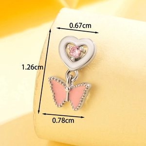 Pink enamel butterfly heart earring with silver stainless steel screw back and size specs