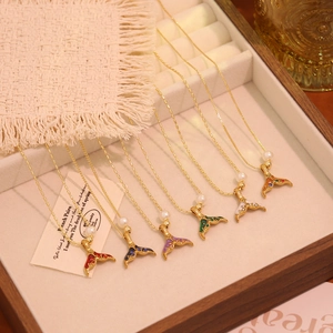 Vintage Whale Tail Pendant Necklace Stainless Steel With Enamel And Artificial Pearl Colorful Rhinestone Jewelry For Women Adjustable