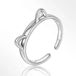 Minimalist S925 sterling silver cat ear open ring with adjustable band on white background