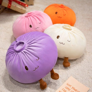 Cute steamed bun plush pillows in purple, pink, orange, and white soft fabric