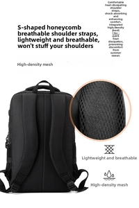 Detail of S-shaped honeycomb breathable mesh shoulder straps on black backpack