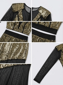 Detailed views of gold sequins on black mesh for a two-piece long sleeve evening dress