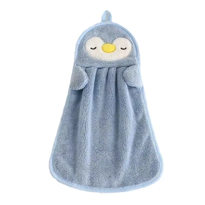 Cute light blue penguin hanging hand towel in soft coral fleece for kitchen use